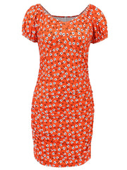 Printed V-Neck Short Sleeve Mini Dress - Trendsi