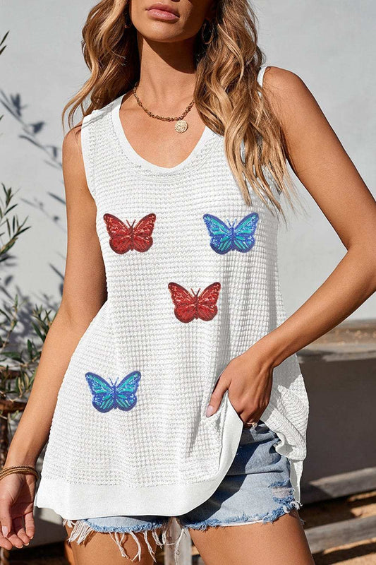 Sequin Butterfly Round Neck Tank - Trendsi - Flyclothing LLC