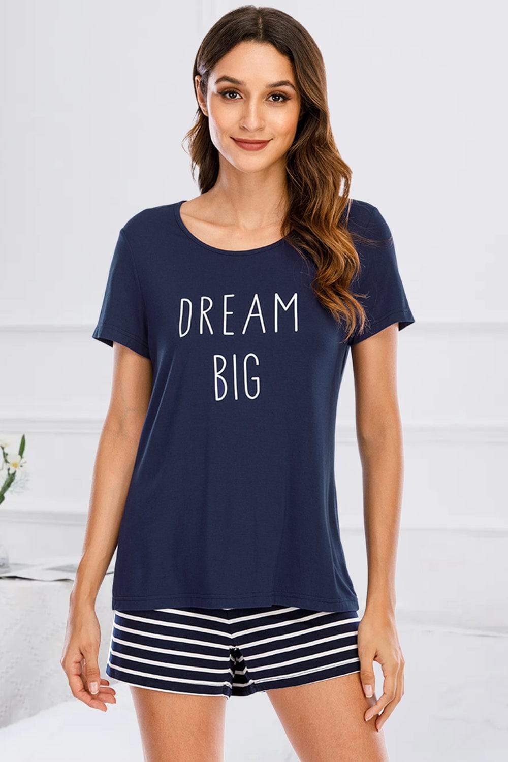 Graphic Round Neck Top and Striped Shorts Lounge Set - Trendsi - Flyclothing LLC