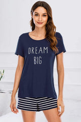 Graphic Round Neck Top and Striped Shorts Lounge Set - Trendsi - Flyclothing LLC