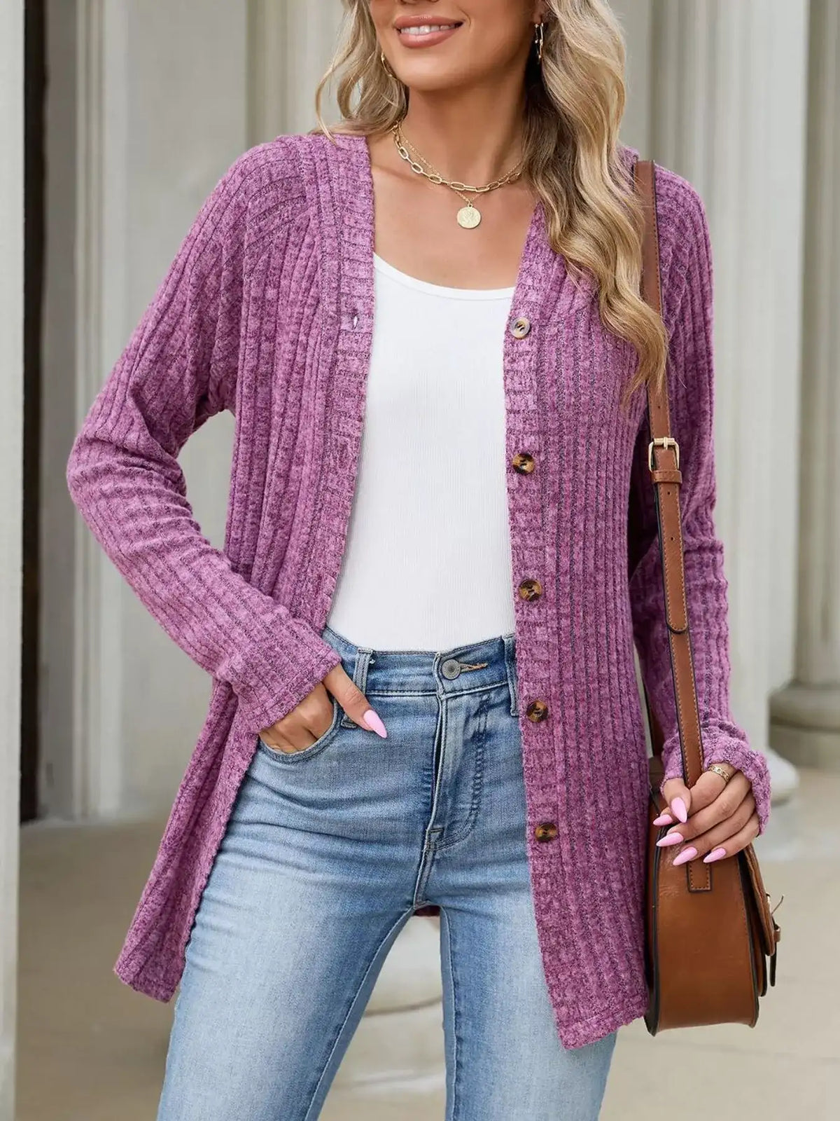 Ribbed Knit Hooded Button-Down Cardigan - Trendsi - Flyclothing LLC