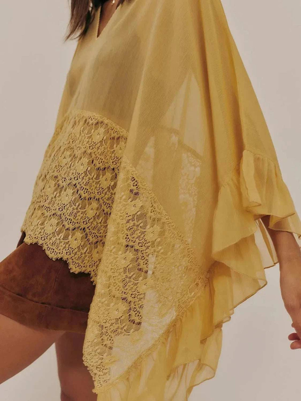 Lace V-Neck Ruffle Long Sleeve Cover-Up - Trendsi - Flyclothing LLC