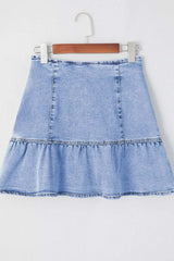 Asymmetric Ruffle Overlay Denim Mini Skirt - Trendsi - Flyclothing LLC