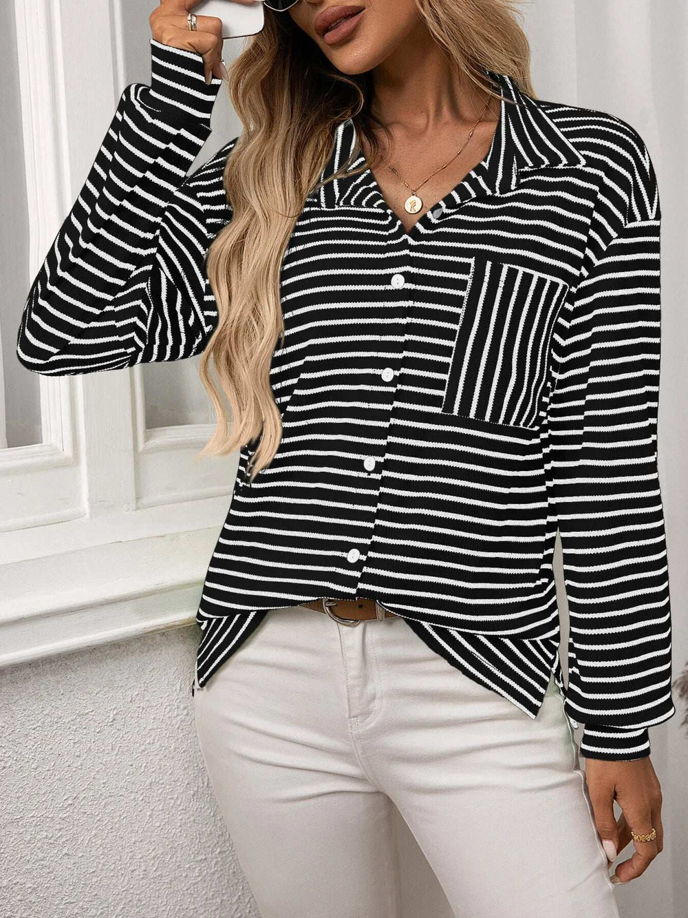 Striped Button Up Long Sleeve Shirt - Trendsi - Flyclothing LLC