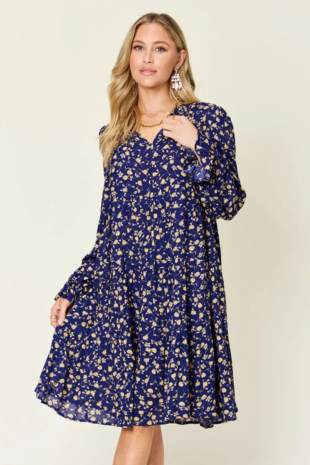 Double Take Full Size Printed Ruffle Hem Long Sleeve Tiered Dress - Trendsi - Flyclothing LLC
