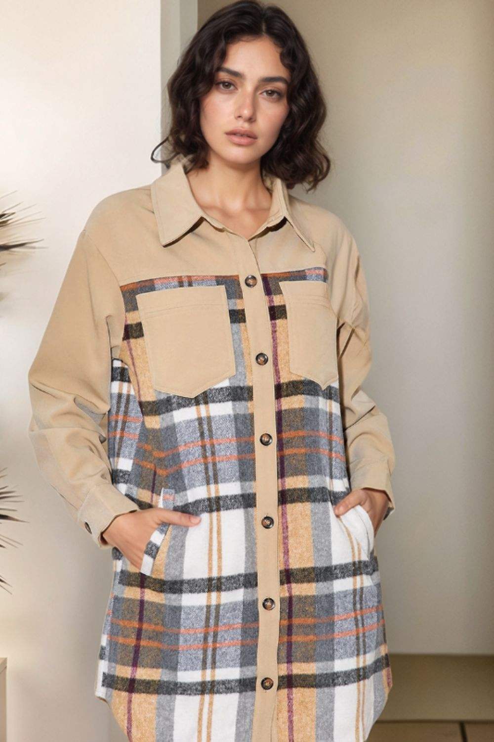 Pocketed Plaid Long Sleeve Mini Shirt Dress - Trendsi - Flyclothing LLC