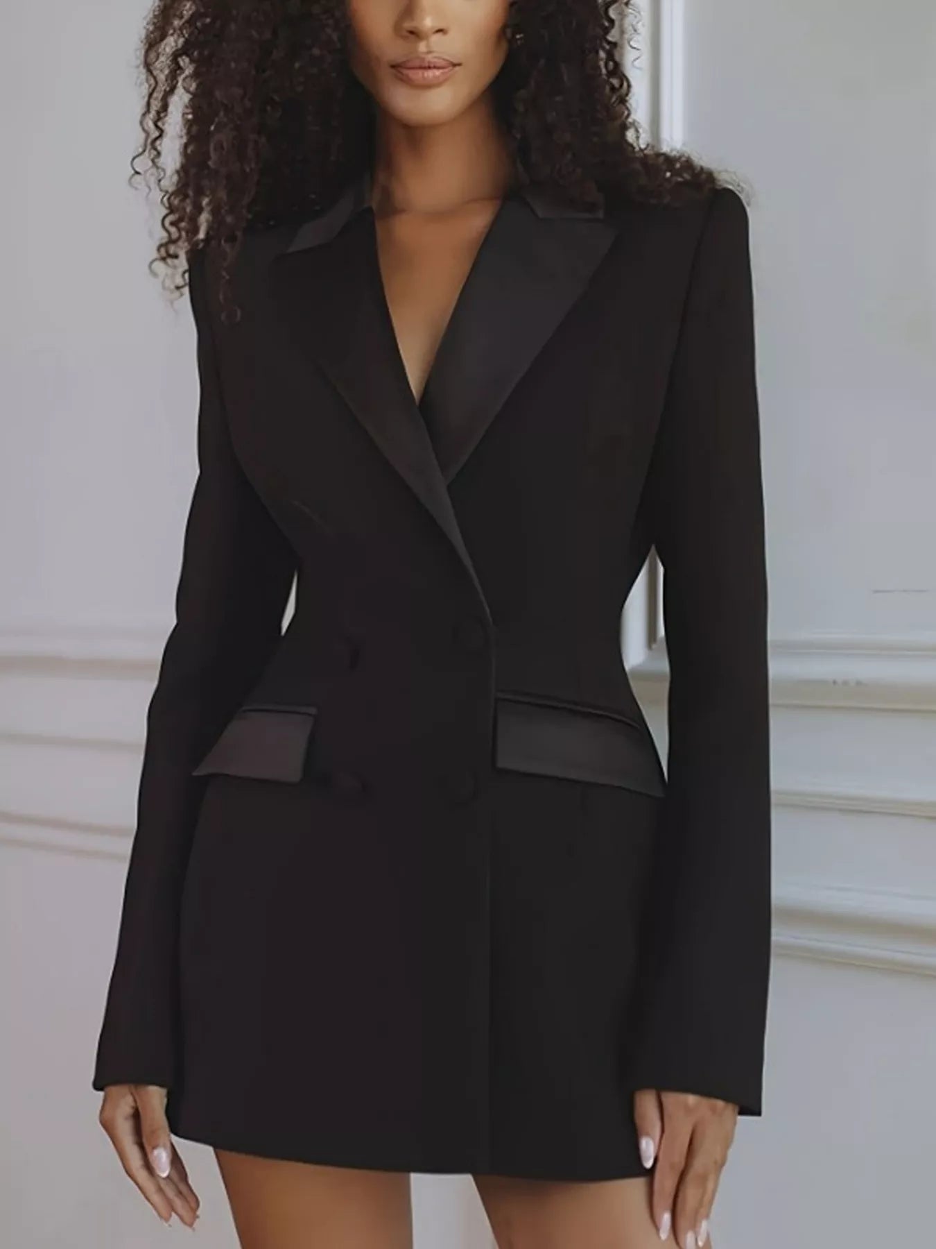 Satin Lapel Double-Breasted Blazer - Trendsi - Flyclothing LLC