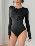 Perfee Flower Round Neck Long Sleeve Bodysuit - Trendsi