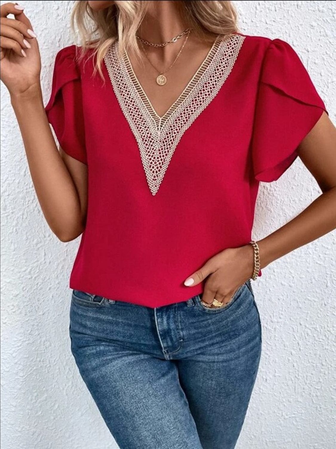 V-Neck Petal Sleeve Blouse - Trendsi