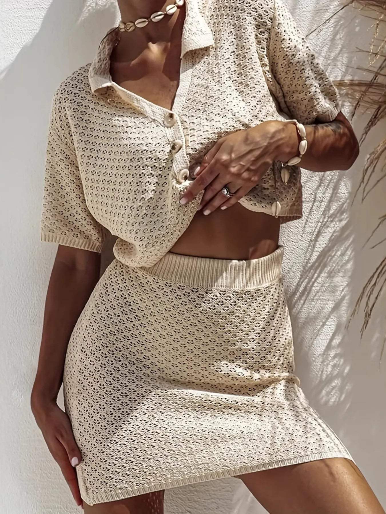 Openwork Button Up Top and Skirt Sweater Set - Trendsi - Flyclothing LLC