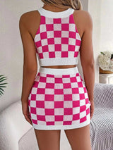 Checkered Grecian Neck Cami and Skirt Sweater Set - Trendsi - Flyclothing LLC