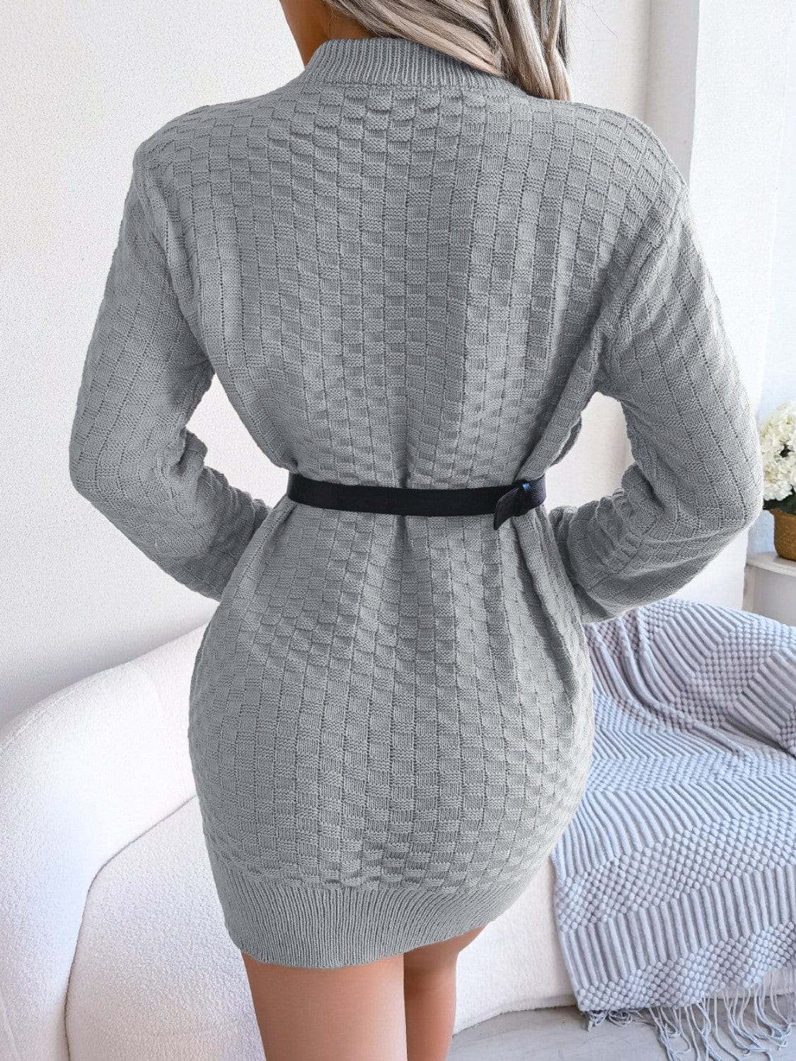 Round Neck Long Sleeve Mini Sweater Dress - Trendsi