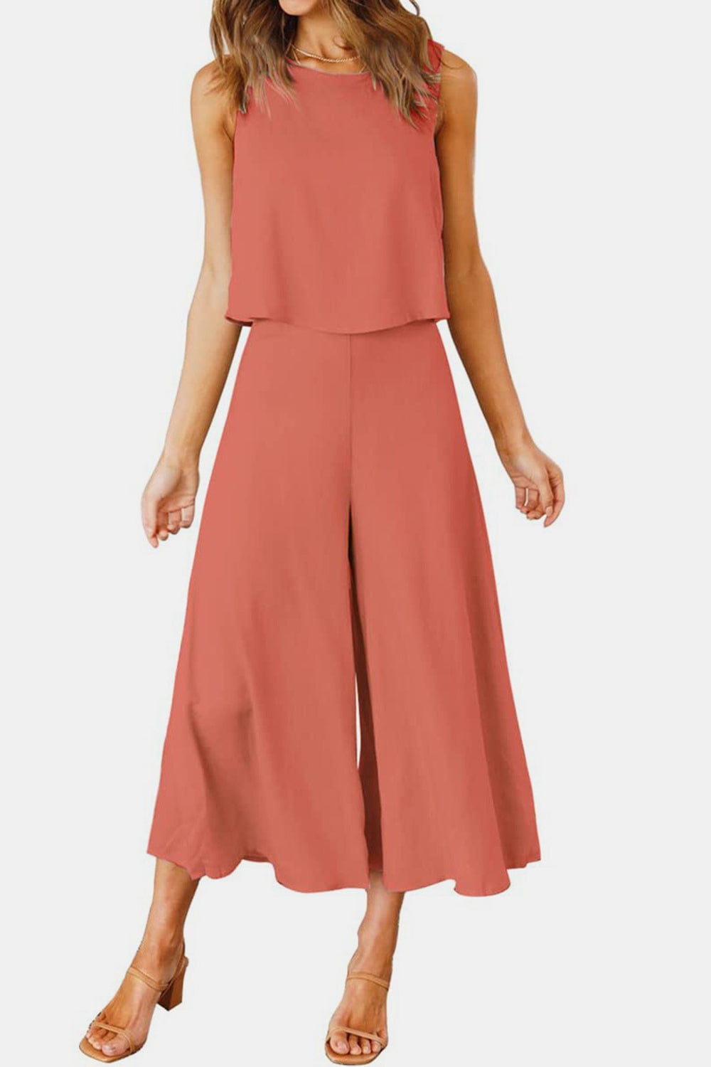 Round Neck Top and Wide Leg Pants Set - Trendsi