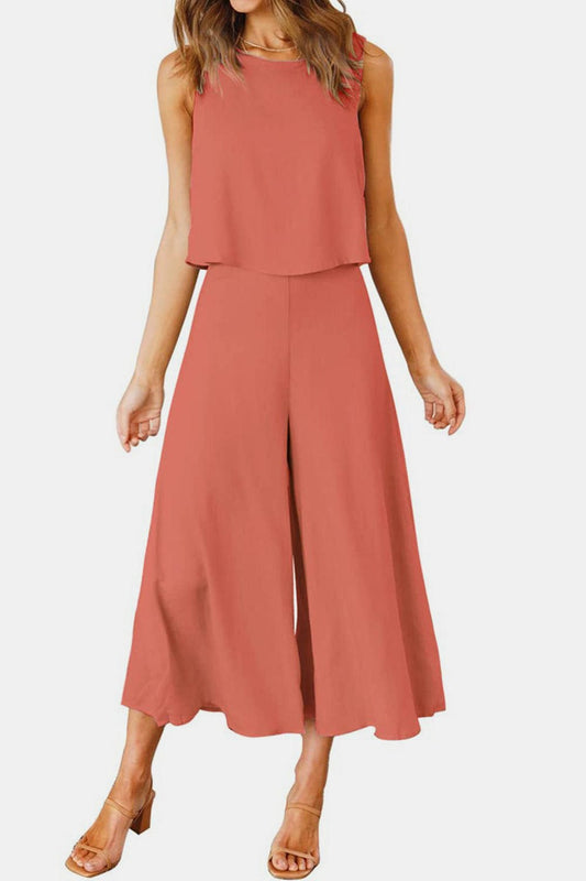 Round Neck Top and Wide Leg Pants Set - Trendsi