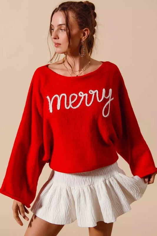 SO ME Merry Tinsel Lettering Christmas Sweater Top - Trendsi - Flyclothing LLC