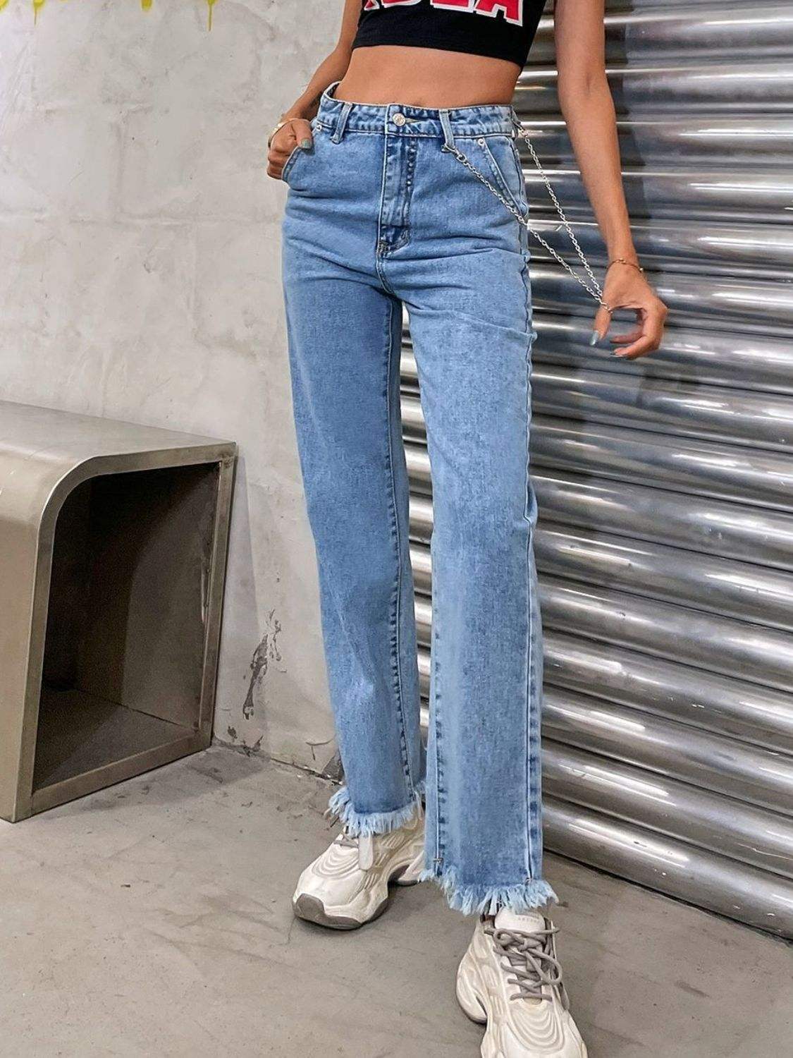 Raw Hem Jeans with Pockets - Trendsi - Flyclothing LLC