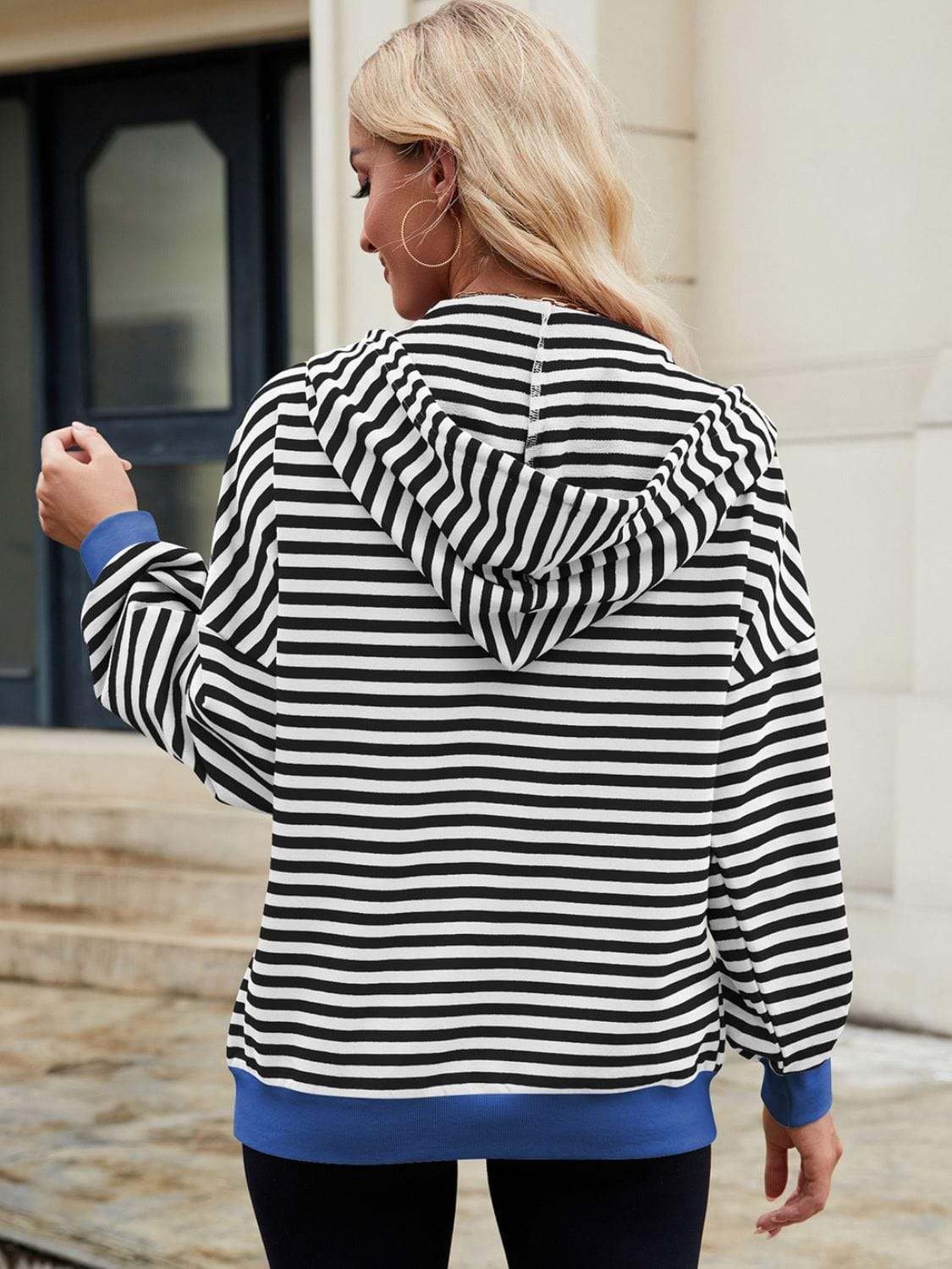 Drawstring Striped Zip Up Long Sleeve Hoodie - Trendsi - Flyclothing LLC