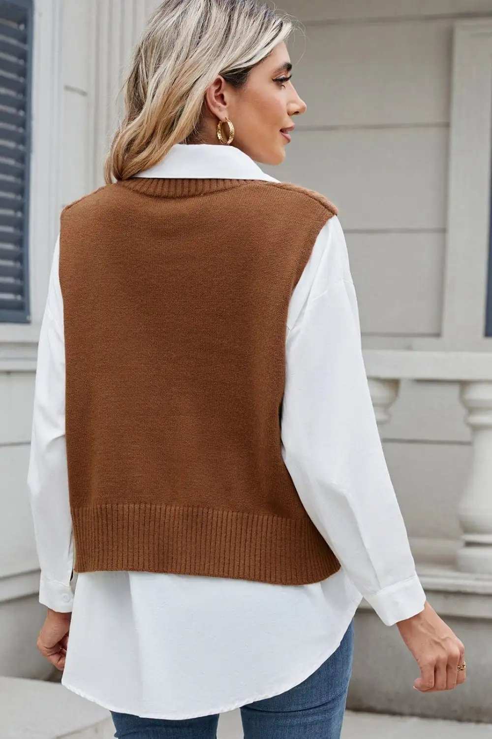 Cable-Knit V-Neck Sweater Vest - Trendsi - Flyclothing LLC
