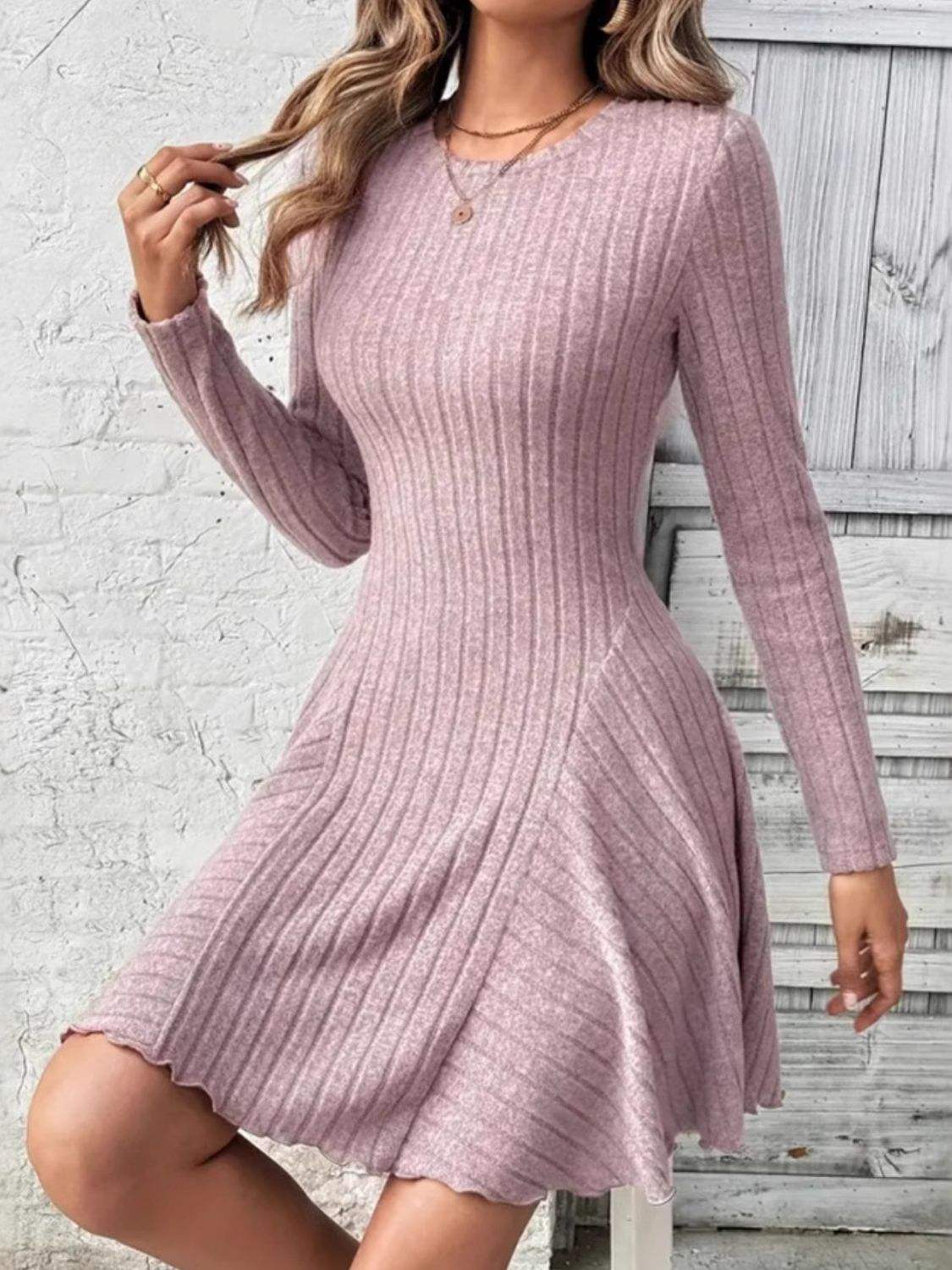 Ribbed Round Neck Long Sleeve Mini Dress - Trendsi - Flyclothing LLC
