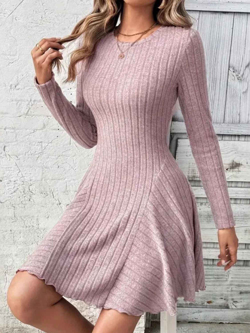 Ribbed Round Neck Long Sleeve Mini Dress - Trendsi - Flyclothing LLC