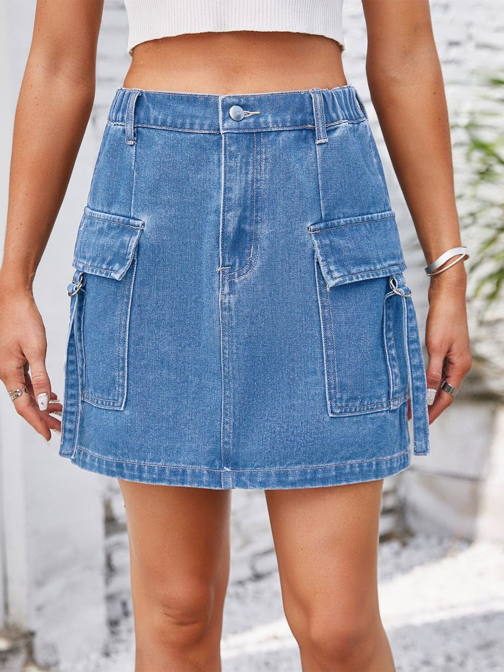 Pocketed Buttoned Denim Skirt - Trendsi