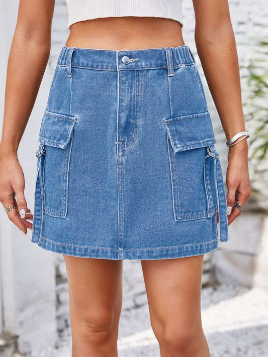Pocketed Buttoned Denim Skirt - Trendsi - Flyclothing LLC