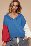 POL Exposed Seam Contrast V-Neck Lantern Sleeve Sweater - Trendsi