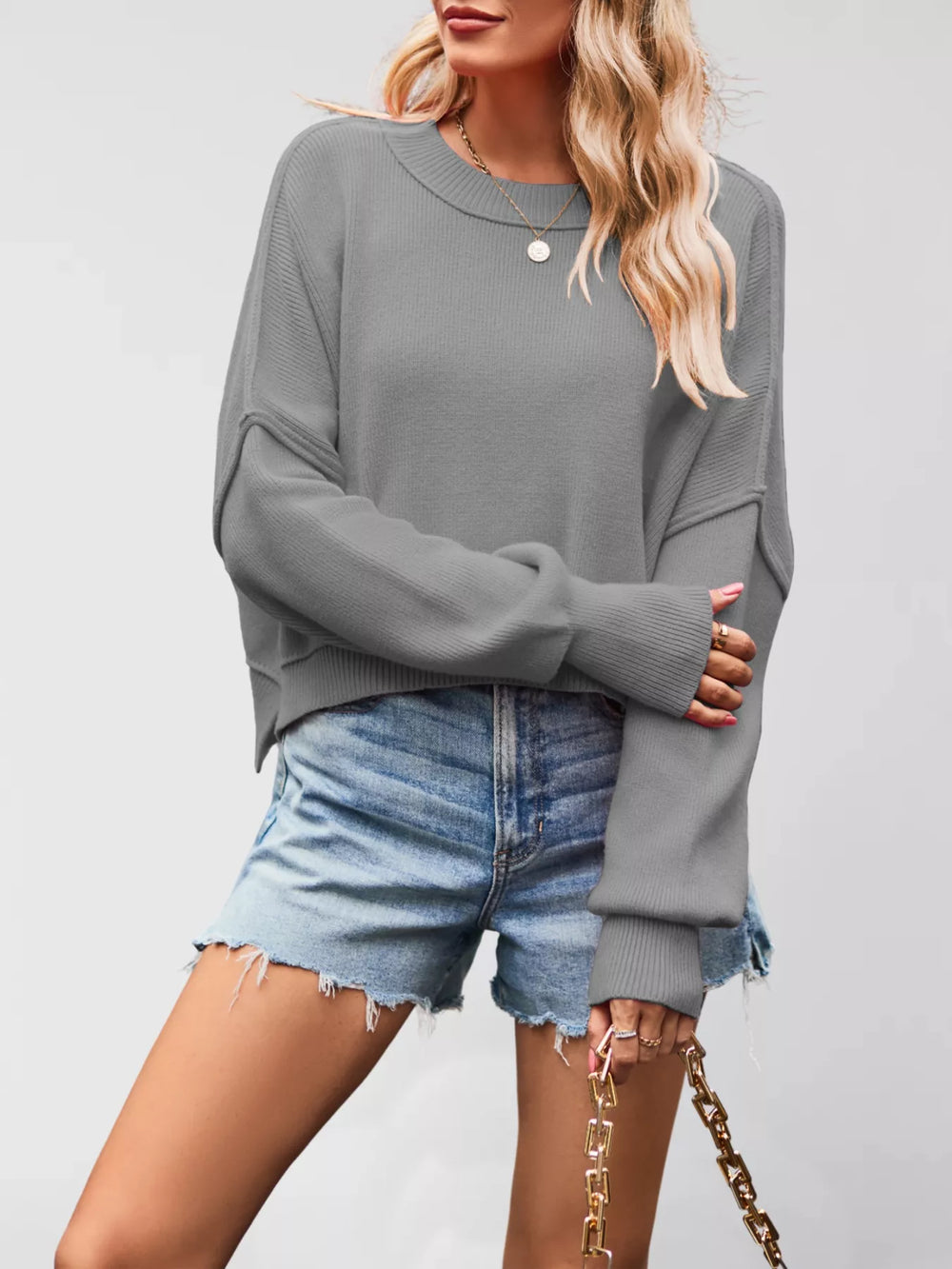 Round Neck Dropped Shoulder Sweater - Trendsi - Flyclothing LLC