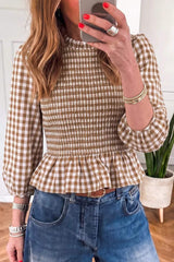 Gingham Smocked Ruffled Hem Blouse - Trendsi - Flyclothing LLC