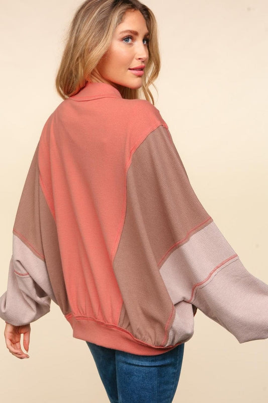 Haptics Zip Up Color Block Bomber Jacket with Side Pockets - Trendsi