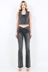 American Bazi V-Cut Ruched Flare Pants - Trendsi - Flyclothing LLC