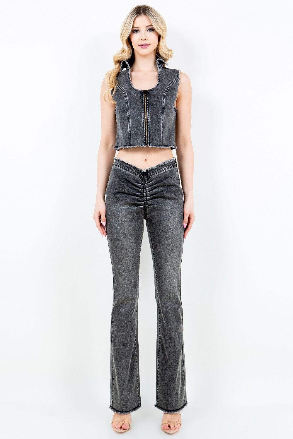 American Bazi V-Cut Ruched Flare Pants - Trendsi - Flyclothing LLC