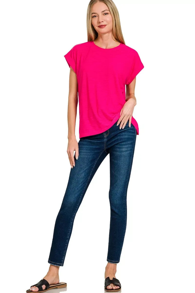Zenana Slub Cuffed Sleeve Tee - Trendsi - Flyclothing LLC