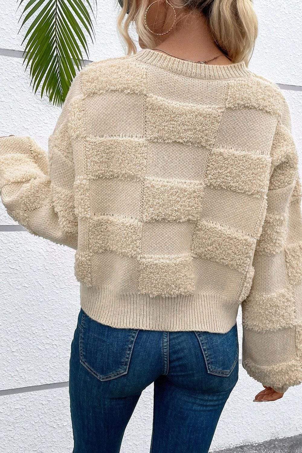 Checkered Round Neck Dropped Shoulder Sweater - Trendsi - Flyclothing LLC