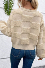 Checkered Round Neck Dropped Shoulder Sweater - Trendsi - Flyclothing LLC
