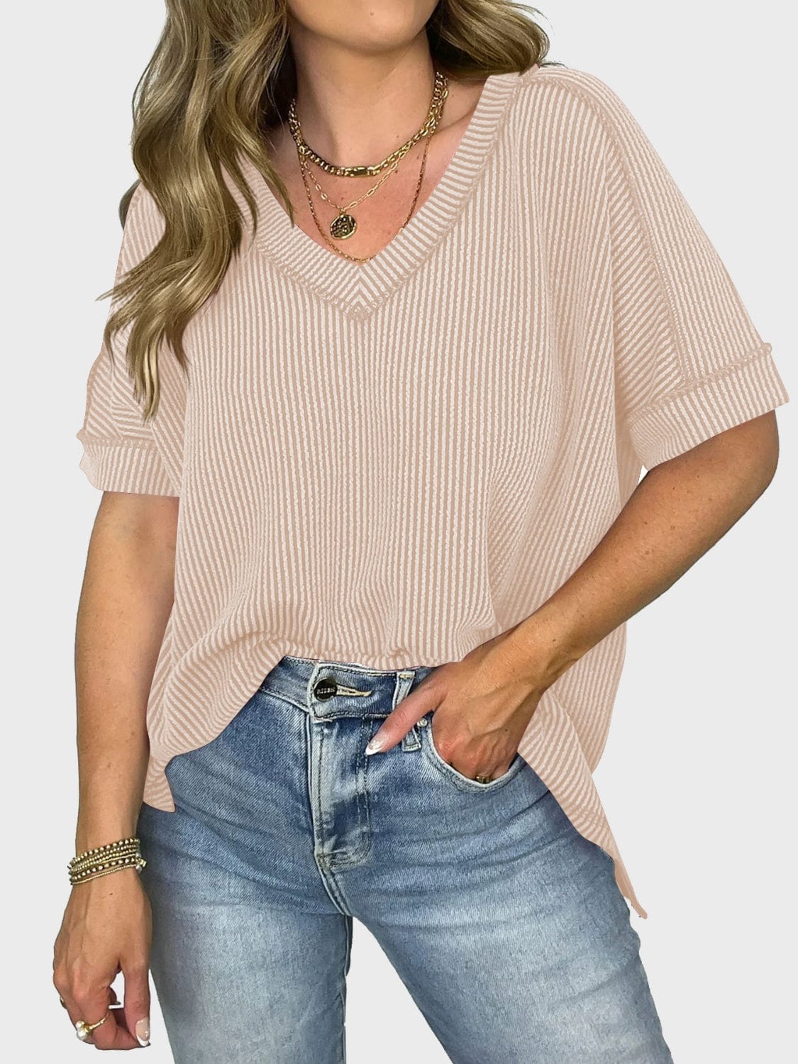 Lovelet Texture V-Neck Half Sleeve T-Shirt - Trendsi