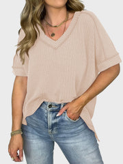 Lovelet Texture V-Neck Half Sleeve T-Shirt - Trendsi