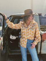 Streets Of Gold Golden Yellow Tulip Flower Pouf Sleeve Button Up Blouse - Lil Bee's Bohemian - Flyclothing LLC