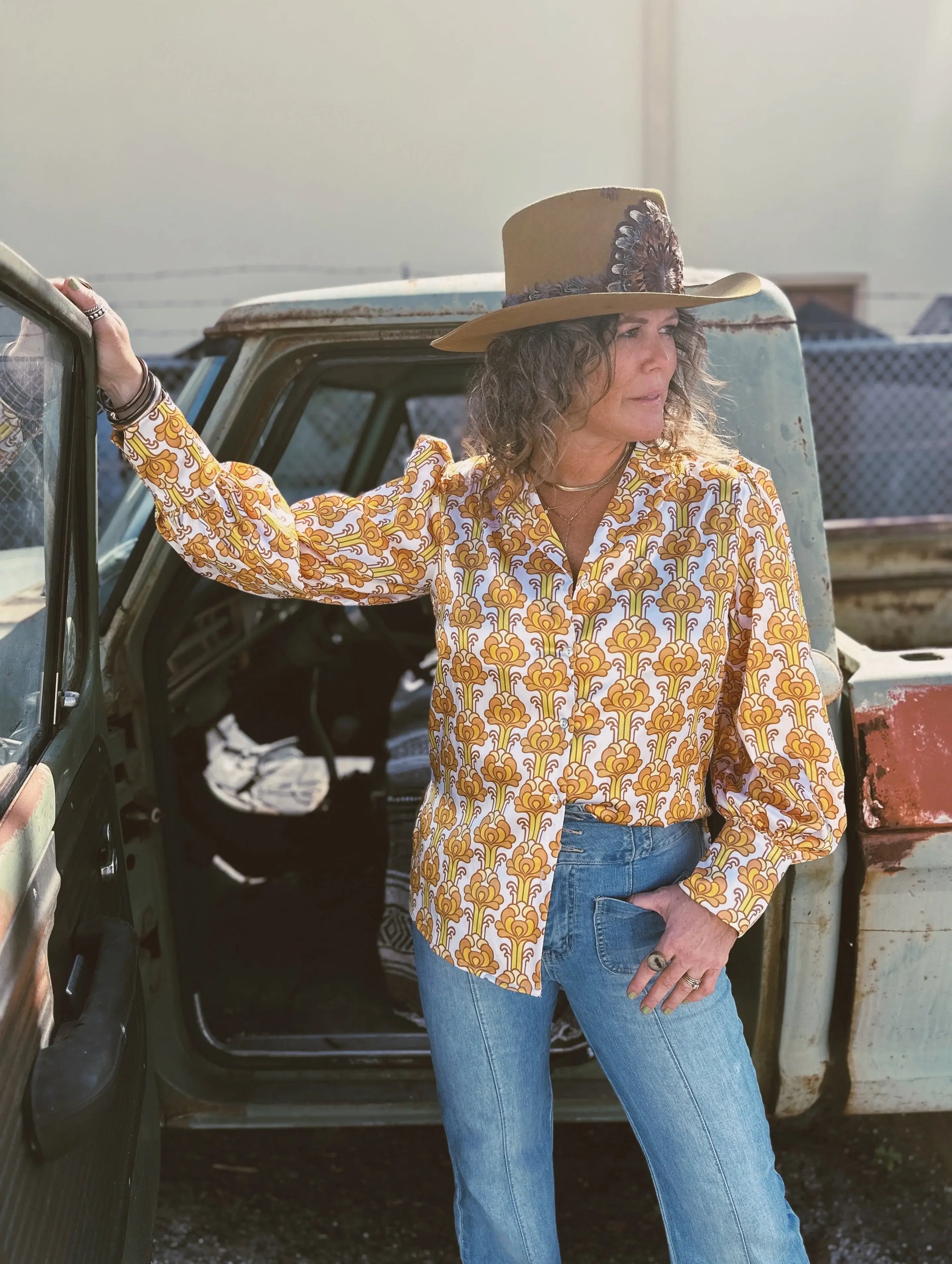 Streets Of Gold Golden Yellow Tulip Flower Pouf Sleeve Button Up Blouse - Lil Bee's Bohemian - Flyclothing LLC