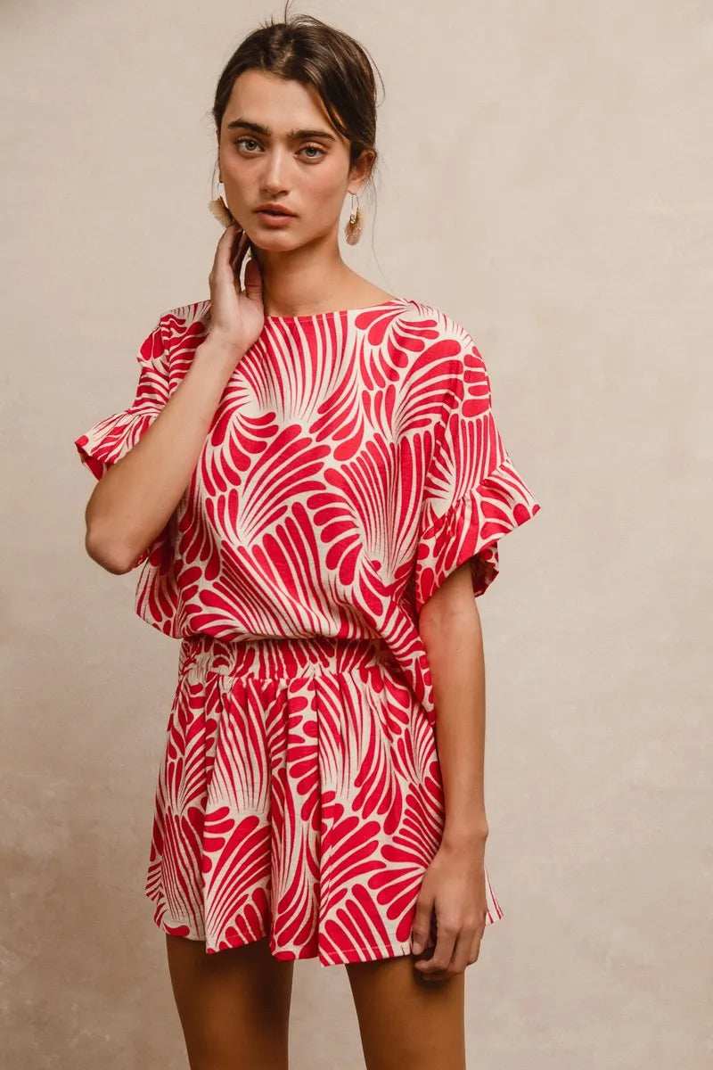 BiBi Print Woven Ruffled Sleeves Top - Trendsi - Flyclothing LLC