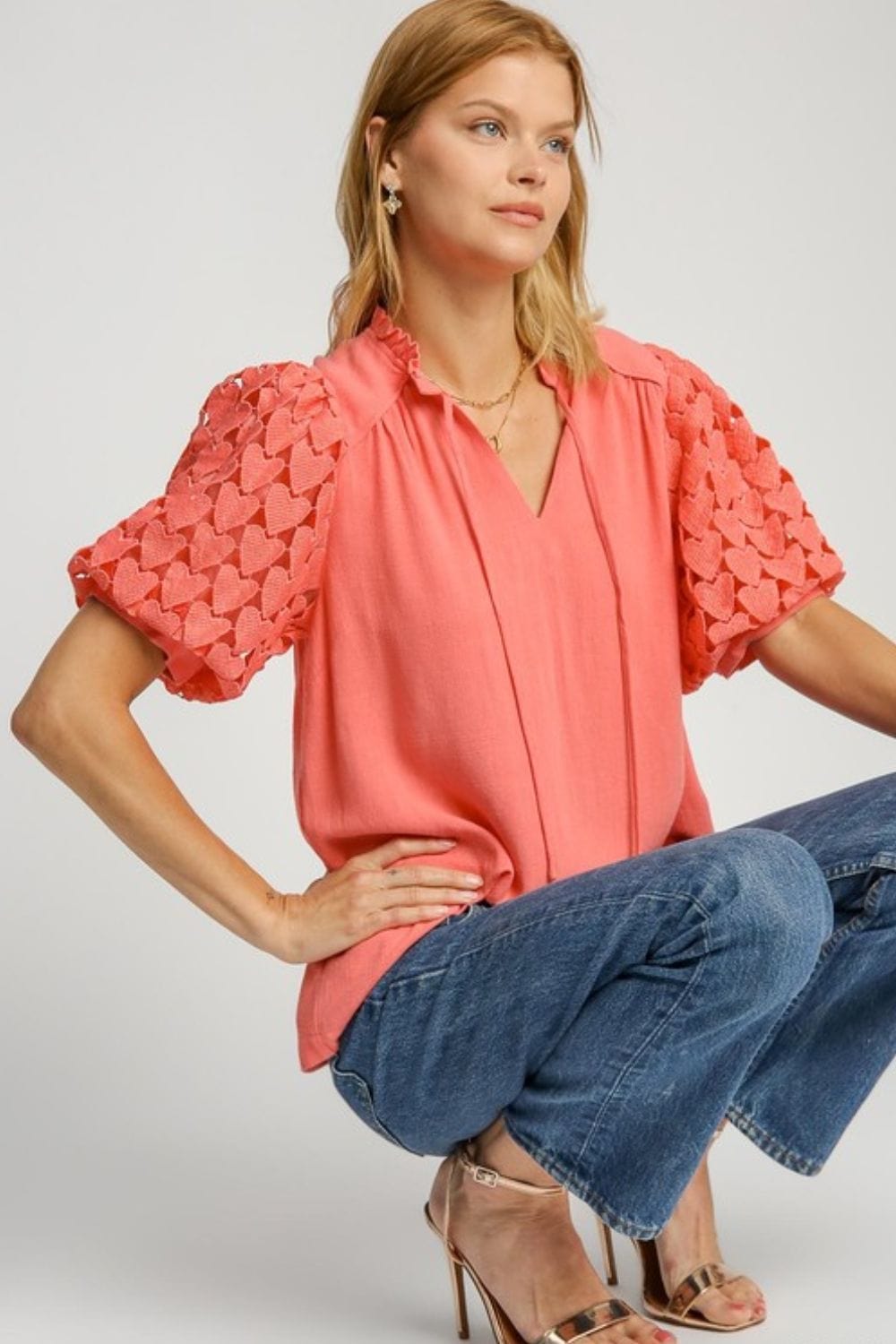 Umgee Full Size Heart Lace Sleeve Ruffle Collar Top Plus Size - Trendsi