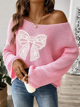 Bow Boat Neck Long Sleeve Sweater - Trendsi - Flyclothing LLC