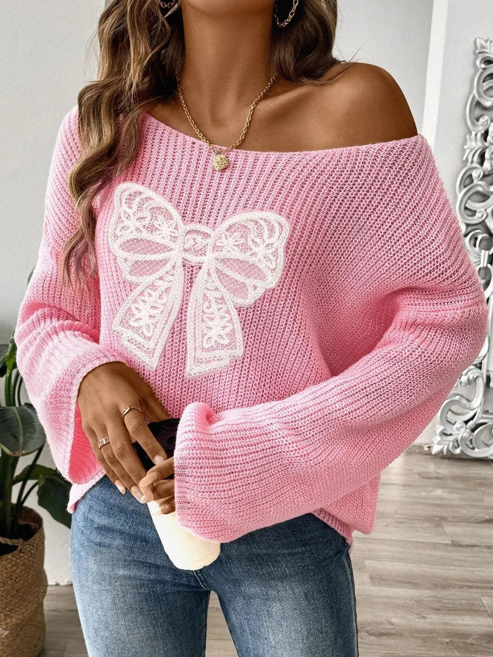 Bow Boat Neck Long Sleeve Sweater - Trendsi