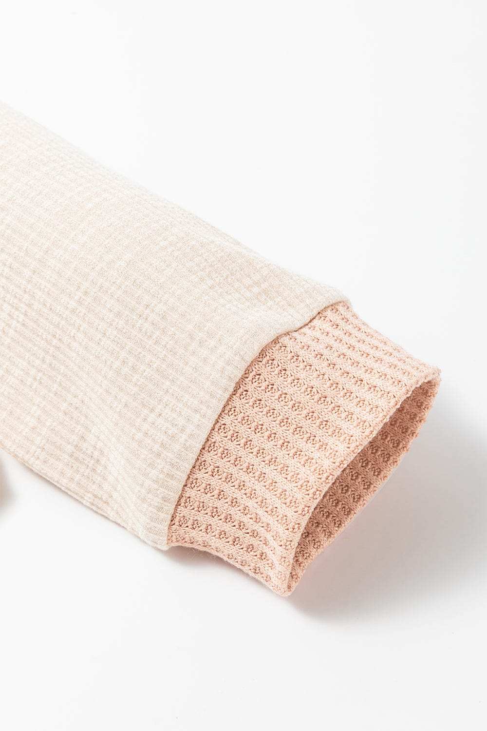 Waffle-Knit Color Block Half Button Long Sleeve Top - Trendsi - Flyclothing LLC