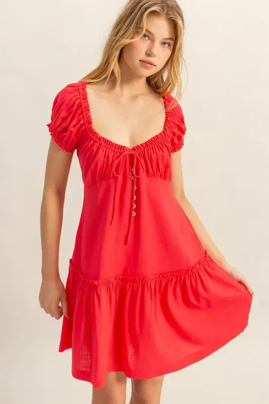 HYFVE Ruched Frill Tiered Short Sleeve Mini Dress - Trendsi - Flyclothing LLC
