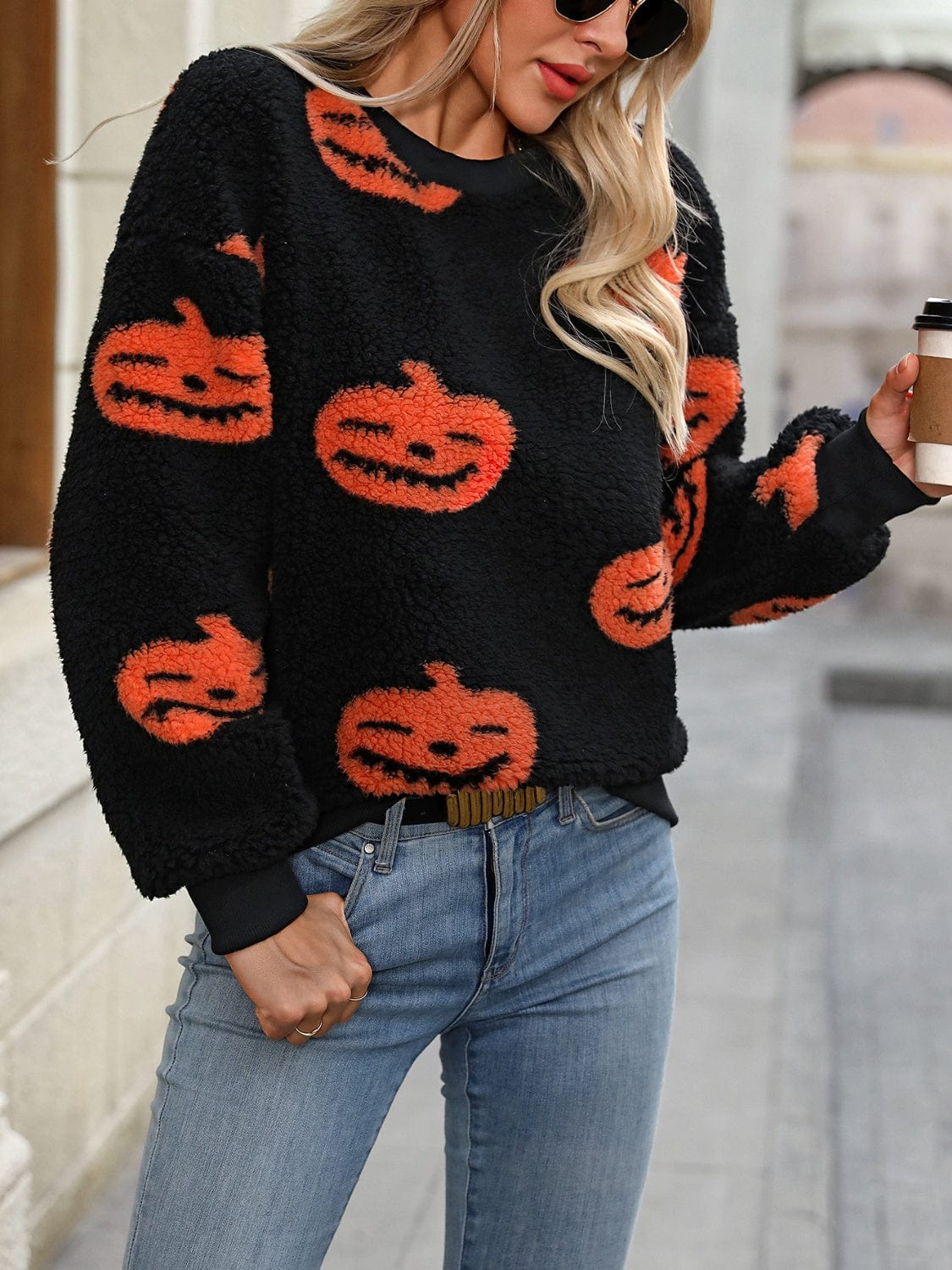 Fuzzy Pumpkin Round Neck Dropped Shoulder Sweater - Trendsi