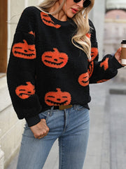Fuzzy Pumpkin Round Neck Dropped Shoulder Sweater - Trendsi