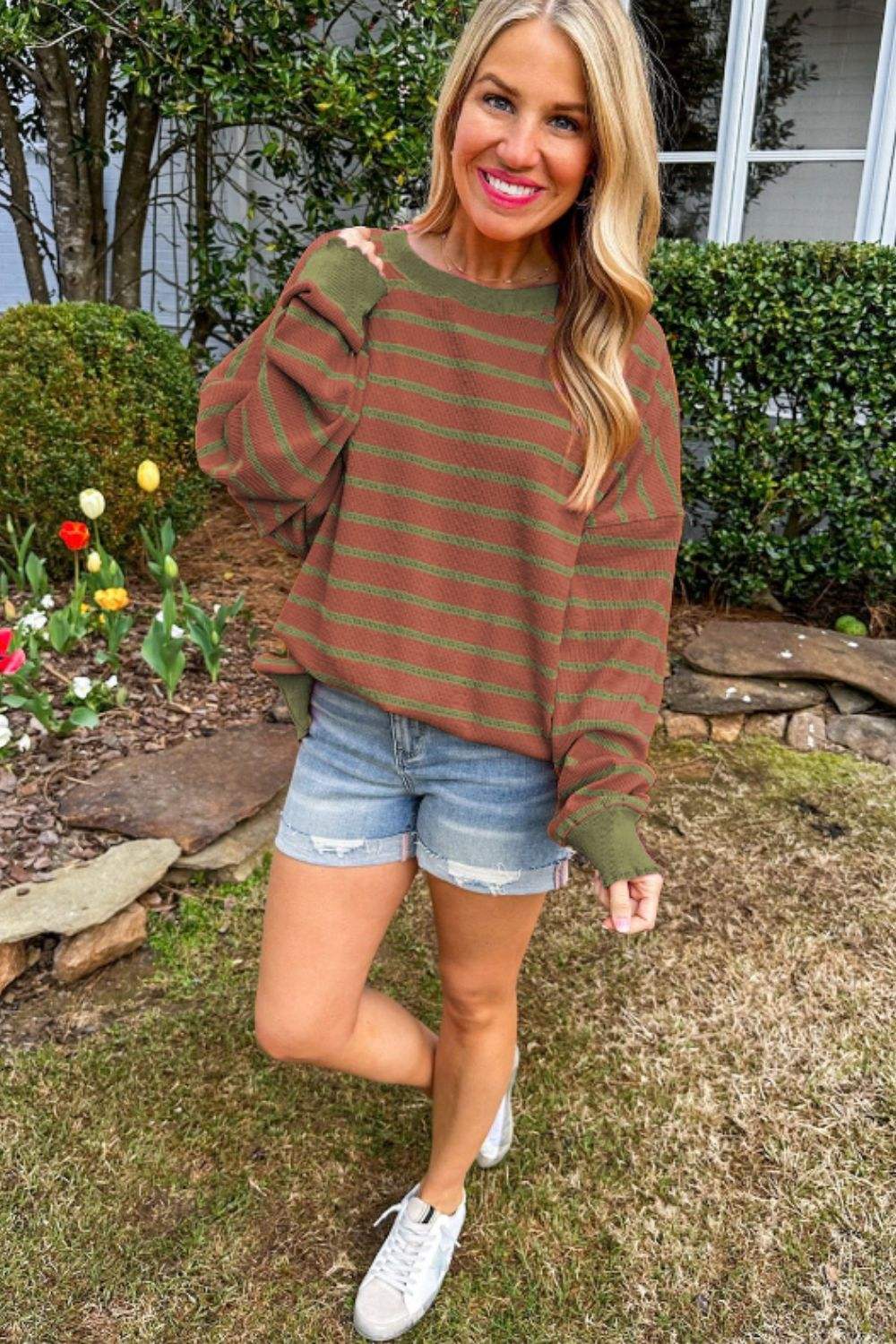 Striped Round Neck Long Sleeve Sweater - Trendsi - Flyclothing LLC