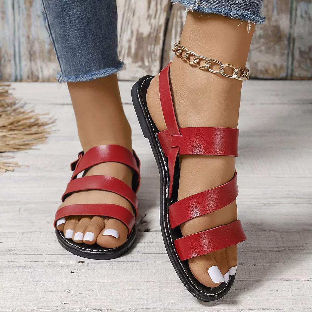 Open Toe Flats Sandals - Trendsi - Flyclothing LLC