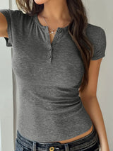 Devine Button Detail Short Sleeve T-Shirt - Trendsi - Flyclothing LLC